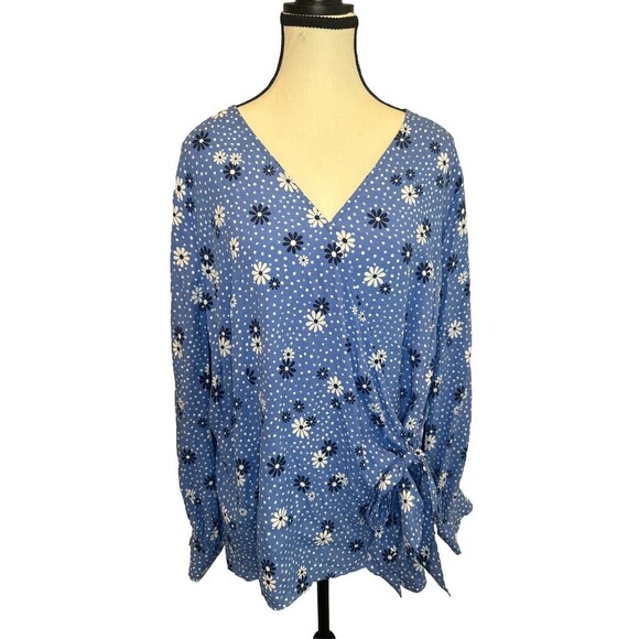 Women’s Talbots BLUE WHITE Floral Wrap Blouse Long Sleeve Viscose Sz 2X NWT - Picture 1 of 10